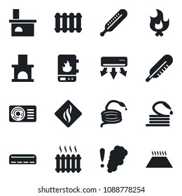 Set of vector isolated black icon - fire vector, hose, fireplace, thermometer, heater, air conditioner, water, smoke detector, radiator, warm floor