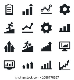 Set of vector isolated black icon - growth statistic vector, settings, clipboard, monitor statistics, bar graph, point, career ladder, arrow up