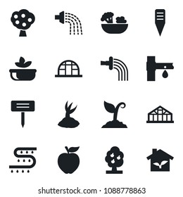 Set of vector isolated black icon - watering vector, sproute, plant label, greenhouse, drip irrigation, fruit tree, salad, apple, eco house