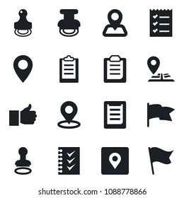 Set of vector isolated black icon - stamp vector, navigation, pin, clipboard, finger up, place tag, checklist, flag