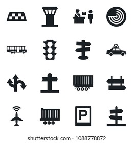 Set of vector isolated black icon - airport tower vector, plane radar, taxi, bus, parking, passport control, signpost, alarm car, route, traffic light, truck trailer, guidepost