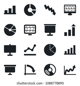 Set of vector isolated black icon - growth statistic vector, presentation board, crisis graph, circle chart, monitor pulse, bar, pie, point