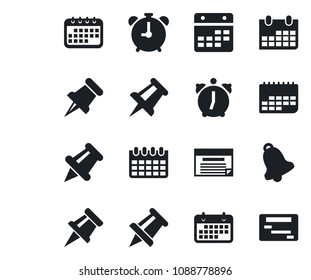 Set of vector isolated black icon - alarm clock vector, drawing pin, calendar, term, paper, bell, schedule