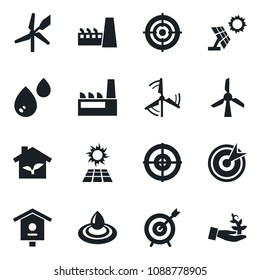 Set of vector isolated black icon - bird house vector, target, windmill, factory, eco, water, sun panel, palm sproute