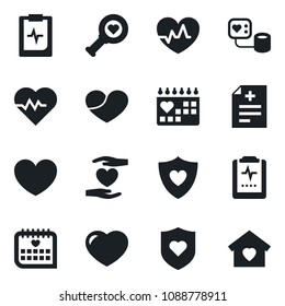 Set of vector isolated black icon - heart vector, pulse, diagnosis, blood pressure, diagnostic, shield, hand, medical calendar, clipboard, sweet home