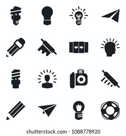 Set of vector isolated black icon - automatic door vector, bulb, camera, pencil, rolling pin, energy saving, shining head, idea, paper plane, crisis management