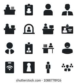 Set of vector isolated black icon - female vector, reception, manager, identity card, place, patient, user, desk, estate agent, pass, group