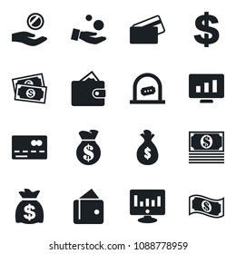 Set of vector isolated black icon - credit card vector, ticket office, dollar sign, money bag, statistic monitor, cash, wallet, investment