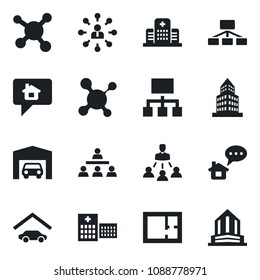 Set of vector isolated black icon - hierarchy vector, molecule, hospital, office building, garage, plan, home message