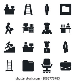 Set of vector isolated black icon - manager vector, desk, place, ladder, folder, career, cook, office chair, case