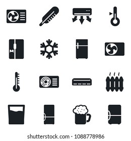 Set of vector isolated black icon - thermometer vector, heater, air conditioner, fridge, drink, beer, snowflake