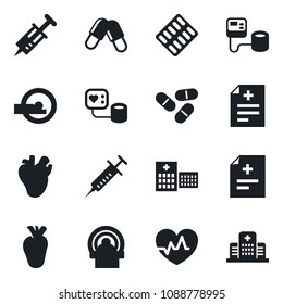Set of vector isolated black icon - heart pulse vector, diagnosis, syringe, blood pressure, pills, blister, tomography, real, hospital