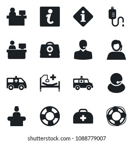 Set of vector isolated black icon - reception vector, manager place, doctor case, dropper, ambulance car, hospital bed, support, information, crisis management