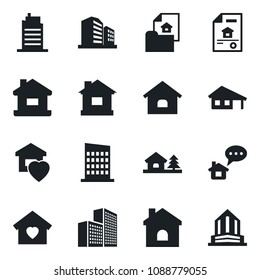 Set of vector isolated black icon - house vector, office building, with garage, tree, estate document, sweet home, city, message