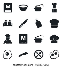 Set of vector isolated black icon - cook vector, cafe, hat, menu, salt and pepper, bowl, cutting board, knife, steaming pan, omelette