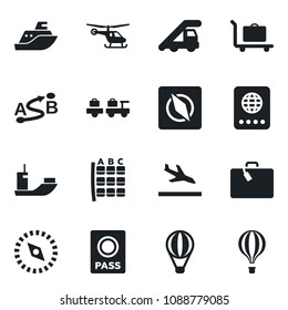 Set of vector isolated black icon - arrival vector, suitcase, baggage trolley, passport, larry, ladder car, helicopter, seat map, sea shipping, route, compass, air balloon