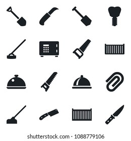 Set of vector isolated black icon - safe vector, job, saw, hoe, garden knife, implant, cargo container, paper clip, dish