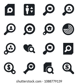 Set of vector isolated black icon - elevator vector, radar, document search, heart diagnostic, cargo, estate, client, consumer, money