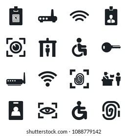 Set of vector isolated black icon - passport control vector, security gate, identity card, disabled, wireless, key, fingerprint, router, eye scan