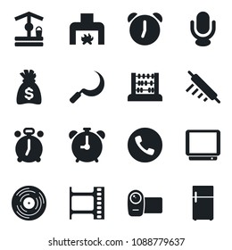 Set of vector isolated black icon - alarm clock vector, phone, abacus, money bag, well, sickle, film frame, vinyl, tv, video camera, microphone, fireplace, rolling pin, fridge
