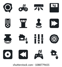 Set of vector isolated black icon - airport tower vector, stamp, scales, gamepad, settings, remote control, fast forward, rewind, rec button, air conditioner, home