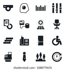 Set of vector isolated black icon - disabled vector, pedestal, tie, document reload, blood pressure, barcode, settings, radio phone, office chair, paper tray, copier, fridge, omelette, web camera
