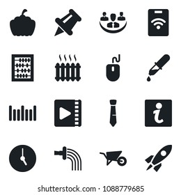 Set of vector isolated black icon - abacus vector, mouse, wheelbarrow, watering, pumpkin, dropper, barcode, paper pin, clock, video, company, tie, heater, information, pass card, rocket