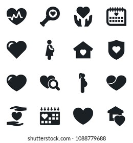 Set of vector isolated black icon - heart vector, pulse, diagnostic, shield, hand, medical calendar, pregnancy, sweet home