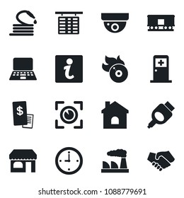 Set of vector isolated black icon - shop vector, flight table, medical room, notebook pc, factory, house, hose, railroad, flame disk, hdmi, clock, restaurant receipt, eye scan, information