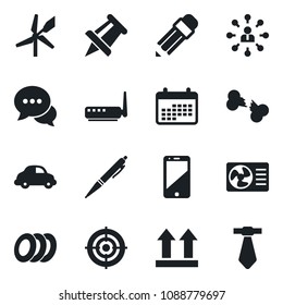 Set of vector isolated black icon - hierarchy vector, drawing pin, broken bone, car delivery, up side sign, cell phone, dialog, target, pencil, pen, plates, router, air conditioner, windmill, tie