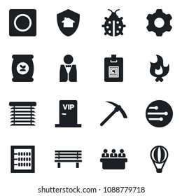 Set of vector isolated black icon - meeting vector, lady bug, fire, bench, fertilizer, settings, record, network, identity card, abacus, waiter, vip zone, jalousie, home protect, hard work