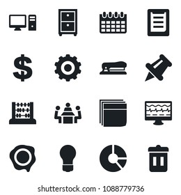 Set of vector isolated black icon - gear vector, dollar sign, abacus, bulb, calendar, circle chart, stamp, monitor pulse, clipboard, paper pin, blank box, meeting, archive, stapler, pc, trash bin