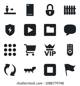 Set of vector isolated black icon - escalator vector, vip, fence, caterpillar, play button, stop, phone back, menu, message, update, protect, folder, lock, remote control, cart, flag
