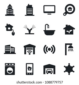 Set of vector isolated black icon - monitor vector, office building, garage, estate search, bathroom, city house, home control, eco, irrigation, wireless, app, washer, outdoor lamp, gate, police