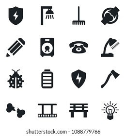 Set of vector isolated black icon - pencil vector, rake, lady bug, axe, bench, joint, broken bone, film frame, speaker, battery, protect, desk lamp, phone, outdoor, idea