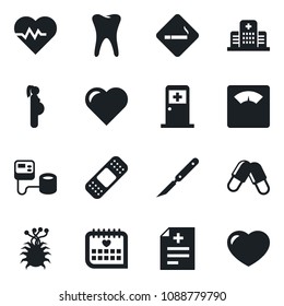 Set of vector isolated black icon - smoking place vector, medical room, heart, pulse, diagnosis, blood pressure, scales, pills, scalpel, patch, tooth, calendar, hospital, pregnancy, virus