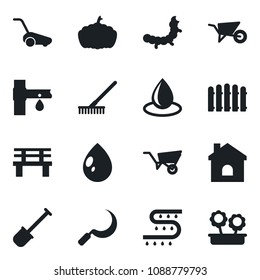 Set of vector isolated black icon - shovel vector, fence, rake, wheelbarrow, lawn mower, house, water drop, sickle, bench, pumpkin, caterpillar, drip irrigation, flower in pot