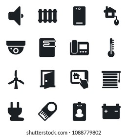 Set of vector isolated black icon - phone back vector, home control, power plug, water heater, intercome, app, thermometer, radiator, sound, jalousie, door, windmill, usb flash, pass card, battery