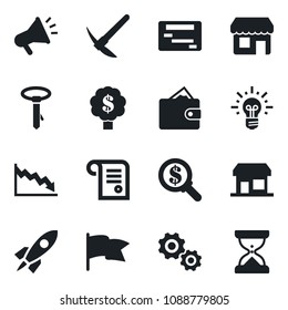 Set of vector isolated black icon - gear vector, rocket, wallet, crisis, money search, idea, flag, schedule, advertising, contract, tie, tree, storefront, hard work, sand clock