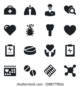 Set of vector isolated black icon - heart vector, doctor case, diagnostic, pills, blister, hand, lungs, implant, medical calendar, pulse clipboard, virus, molecule