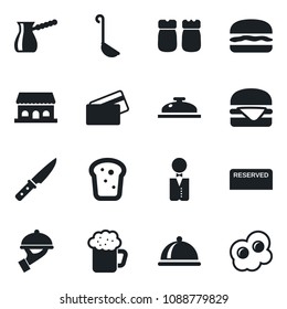 Set of vector isolated black icon - waiter vector, dish, reserved, reception, beer, salt and pepper, bread, cafe building, credit card, hamburger, ladle, knife, turkish coffee, omelette