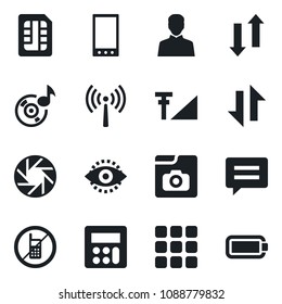 Set of vector isolated black icon - antenna vector, no mobile, menu, message, camera, user, calculator, sim, data exchange, eye id, music, photo gallery, cellular signal, battery