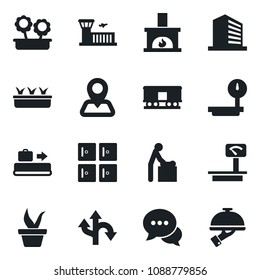 Set of vector isolated black icon - baggage conveyor vector, baby room, airport building, checkroom, office, seedling, route, navigation, heavy scales, railroad, dialog, fireplace, flower in pot