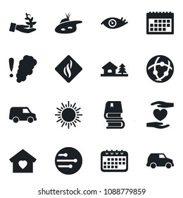 Set of vector isolated black icon - sun vector, heart hand, eye, network, calendar, book, house with tree, pond, sweet home, smoke detector, palm sproute, car