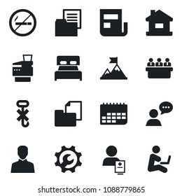 Set of vector isolated black icon - no smoking vector, meeting, patient, term, folder document, hook, speaker, user, root setup, news, copier, house, bedroom, motivation, man with notebook