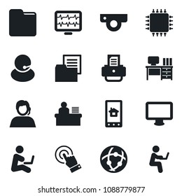 Set of vector isolated black icon - desk vector, printer, monitor pulse, support, folder document, touch screen, network, manager, chip, web camera, home control app, man with notebook