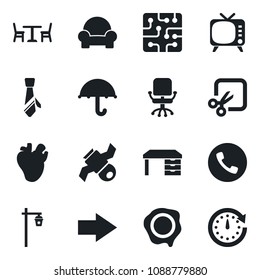 Set of vector isolated black icon - cafe vector, phone, right arrow, office chair, desk, stamp, garden light, real heart, satellite, umbrella, tv, cut, tie, cushioned furniture, chip, clock