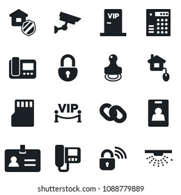 Set of vector isolated black icon - identity vector, chain, sd, lock, card, stamp, estate insurance, vip zone, home control, wireless, intercome, combination, surveillance, sprinkler