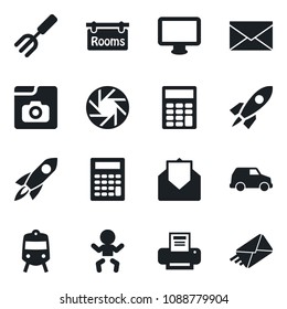 Set of vector isolated black icon - train vector, baby, mail, garden fork, monitor, mobile camera, photo gallery, calculator, printer, rooms, rocket, car