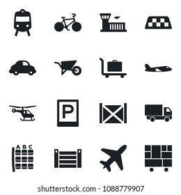 Set of vector isolated black icon - plane vector, taxi, baggage trolley, parking, train, helicopter, seat map, airport building, wheelbarrow, bike, car delivery, container, consolidated cargo